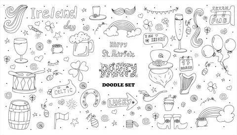 St. Patrick s Day set with hand-drawn icons. A doodle of beer, Ireland, pub Stock Illustration