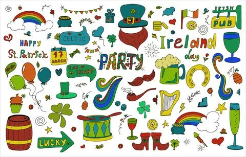 St. Patrick s Day set with hand-drawn icons. A doodle of beer, Ireland, pub Stock Illustration