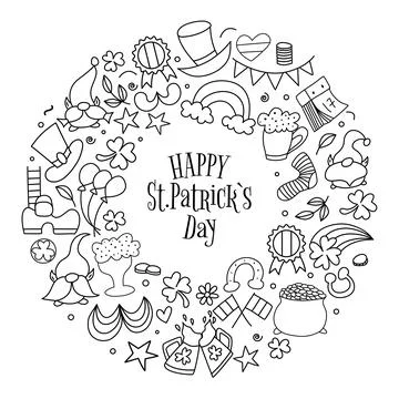 St. Patrick s day vector doodle round set isolated on white background Stock Illustration