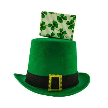 St patrick set off a green hat with a black plaque and a giftbox with clover Stock Photos
