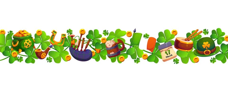 St Patrick shamrock clover border, Irish frame 스톡 일러스트