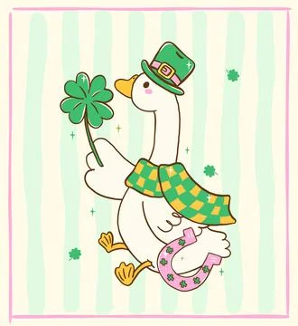 St Patrick silly goose with Lucky 4 leaves clover cartoon hand drawn Stock Illustration