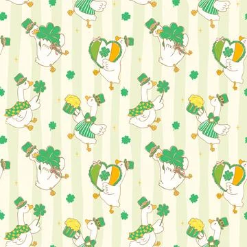 St Patrick Silly Goose Seamless Pattern on striped background Stock Illustration