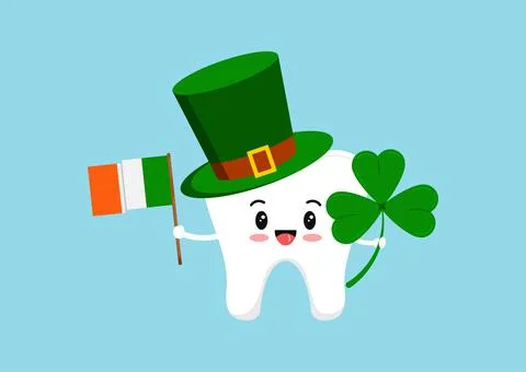 St Patrick tooth in leprechaun hat shamrock and flag lin hand. Stock Illustration