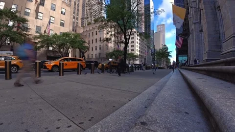 St. Patrick's Cathedral Steps on Fifth Avenue, Pedestrians and Pigeons in Stock Footage 347070011