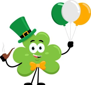 St. Patrick's Clover Leaf Cartoon Character Holding Pipe And Balloons Stock Illustration