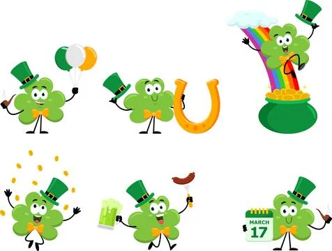 St. Patrick's Clover Leaf Cartoon Character. Vector Flat Design Collection Set Stock Illustration