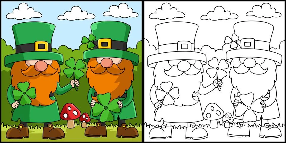 St. Patricks Day 2 Gnomes Coloring Page Vector Stock Illustration