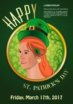 St. Patricks Day 2017. March 17. Invitation poster with a cute girl Stock Illustration