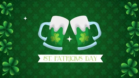 St patricks day animation featuring clinking green beer mugs and clover pat.. Vídeo Stock 338312285
