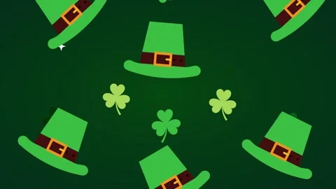 St Patricks day animation with green leprechaun hats and shamrock clover fa.. Stock Footage 338312336