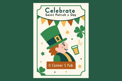 St. Patrick's Day attributes in a pub, beer, green hat, clover, flat lay Stock Illustration