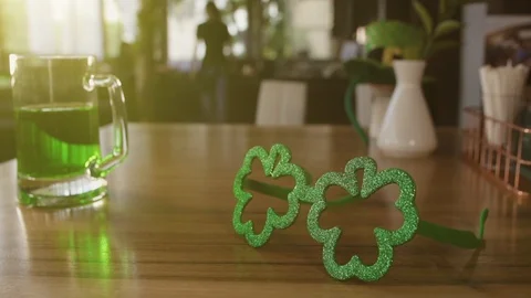 St. Patrick's day background Beer on wooden table in cafe Stock Footage 111468001