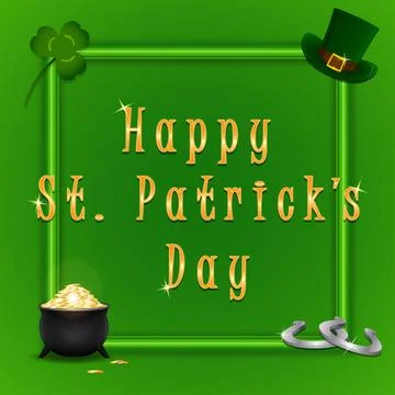 St. Patrick's Day background with leprechaun hat, full pot of golden coins and Stock Illustration