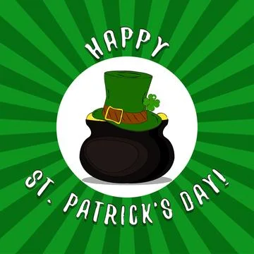 St. Patrick's Day background with leprechaun hat and pot of gold coins. Template Illustrazione stock