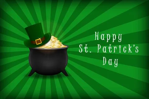 St. Patrick's Day background with pot of gold and leprechaun hat. Template for Stock Illustration