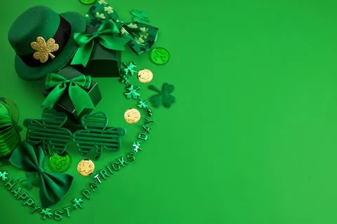 St. Patricks day celebration elements on green background Stock Photos