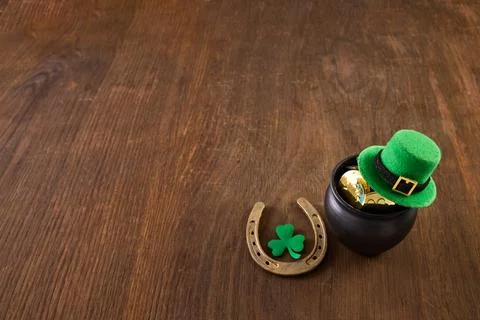 St. Patricks day celebration elements on wooden background Stock Photos