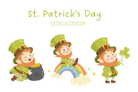 St. Patricks Day, clip art, cute leprechaun set, with gold, clover Stock Illustration