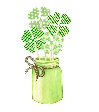 St Patrick's day decorated jar with clover sticks. Irish holiday hand drawn i Stock Illustration