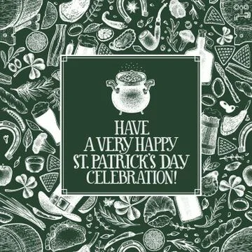 St. Patricks day design template. Vector hand drawn illustrations on green ch Stock Illustration