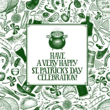 St. Patricks day design template. Vector hand drawn illustrations. Irish vint Stock Illustration