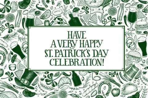 St. Patricks day design template. Vector hand drawn illustrations. Irish vint Stock Illustration