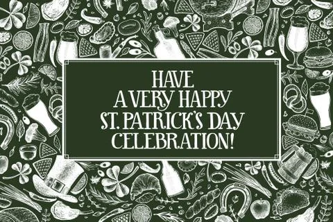 St. Patricks day design template. Vector hand drawn illustrations on green ch Stock Illustration