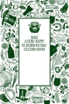 St. Patricks day design template. Vector hand drawn illustrations. Irish vint Stock Illustration