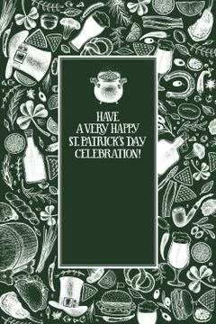 St. Patricks day design template. Vector hand drawn illustrations on green ch Stock Illustration