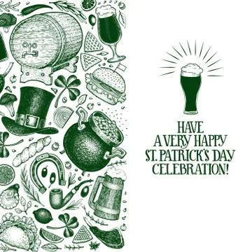 St. Patricks day design template. Vector hand drawn illustrations. Irish vint Stock Illustration