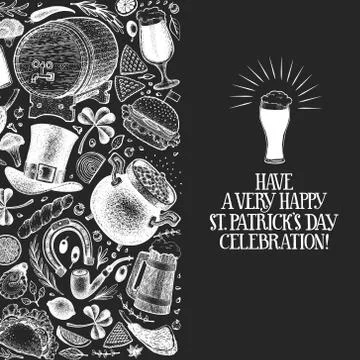 St. Patricks day design template. Vector hand drawn illustrations on chalk bo Stock Illustration