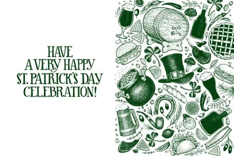 St. Patricks day design template. Vector hand drawn illustrations. Irish vint Stock Illustration