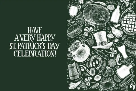 St. Patricks day design template. Vector hand drawn illustrations on chalk bo Stock Illustration