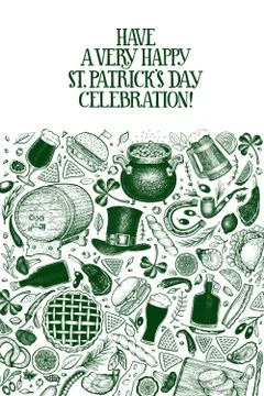 St. Patricks day design template. Vector hand drawn illustrations. Irish vint Stock Illustration
