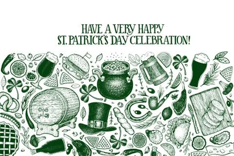 St. Patricks day design template. Vector hand drawn illustrations. Irish vint Stock Illustration