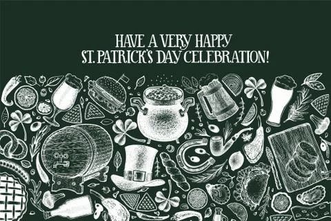 St. Patricks day design template. Vector hand drawn illustrations on chalk bo Stock Illustration