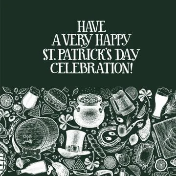 St. Patricks day design template. Vector hand drawn illustrations on chalk bo Stock Illustration