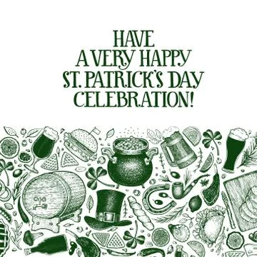 St. Patricks day design template. Vector hand drawn illustrations. Irish vint Stock Illustration