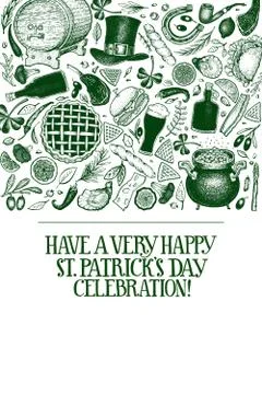 St. Patricks day design template. Vector hand drawn illustrations. Irish vint Stock Illustration