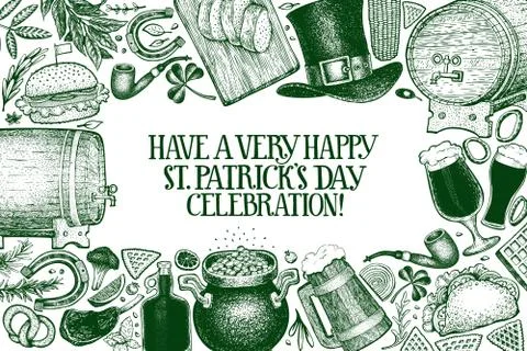 St. Patricks day design template. Vector hand drawn illustrations. Irish vint Stock Illustration