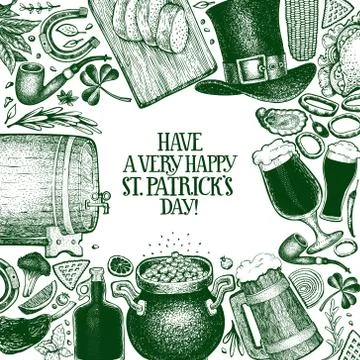 St. Patricks day design template. Vector hand drawn illustrations. Irish vint Stock Illustration