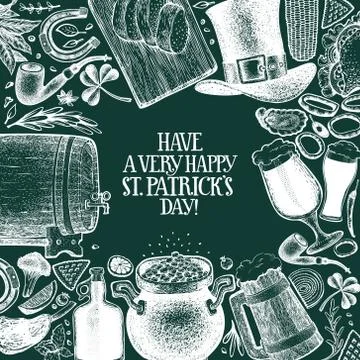 St. Patricks day design template. Vector hand drawn illustrations on chalk bo Stock Illustration