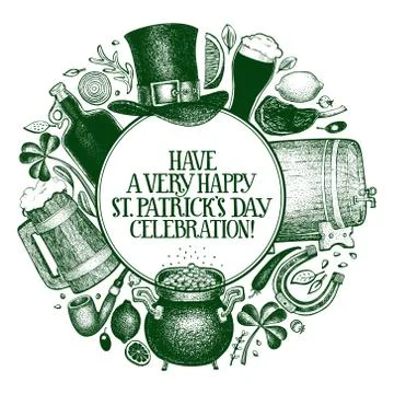 St. Patricks day design template. Vector hand drawn illustrations. Irish vint Stock Illustration