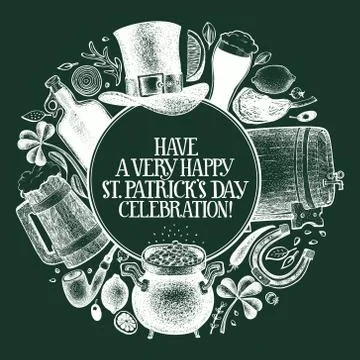 St. Patricks day design template. Vector hand drawn illustrations on chalk bo Stock Illustration