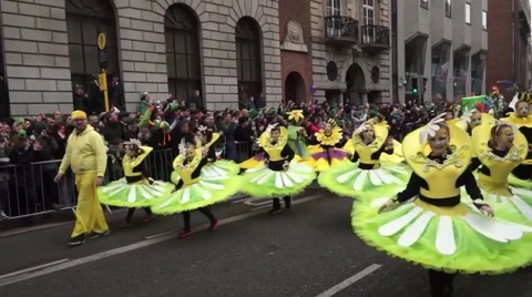 St Patricks Day Dublin Parade People Dressed as Flowers Stock Footage 48144098