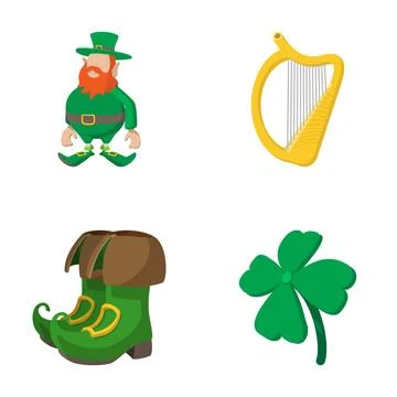 St. Patrick's day elements including leprechaun, harp, clover, and boots 库存插图