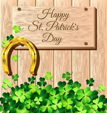 St. Patrick's Day frame with gold horseshoe on wooden Stock Illustration