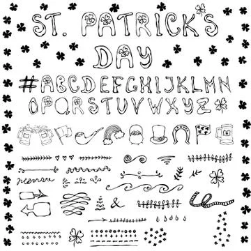 St. Patrick's Day Hand Drawing Full Collectoin Lettering Icons Design Elements Stock Illustration