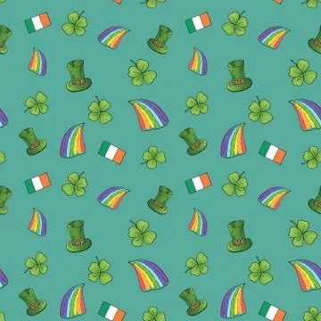 St Patrick's Day hand drawn doodle Seamless pattern, with leprechaun hat, rai Stock Illustration